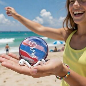 Ear bud or ear pod tech case holder, colorful design, says “Shine”